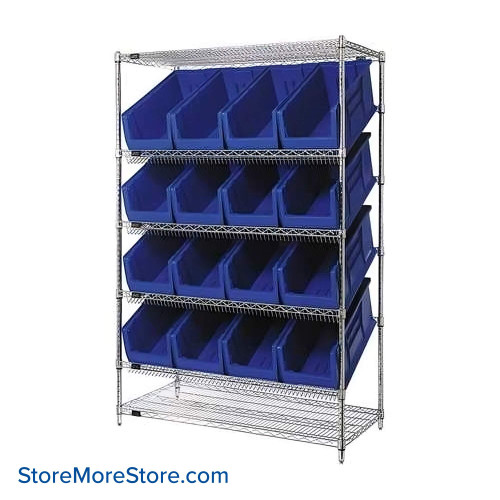 Angled Bin Storage, 48" W x 24" D x 74" H, 16 Bins at 11"W x 23.875"D x 10"H, Blue, Without Casters