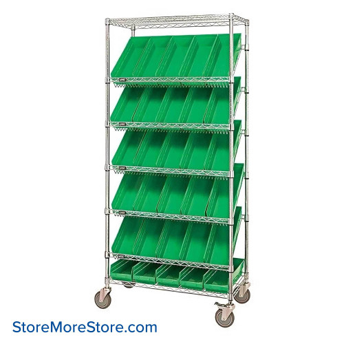 Angled Bin Storage, 36" W x 18" D x 74" H, 18 Bins at 11.125"W x 17.875"D x 4"H, Green, Without Casters