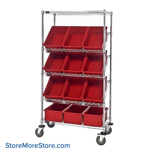 Angled Bin Storage, 36" W x 18" D x 63" H, 12 Bins at 10.875"W x 16.5"D x 6"H, Red, Without Casters
