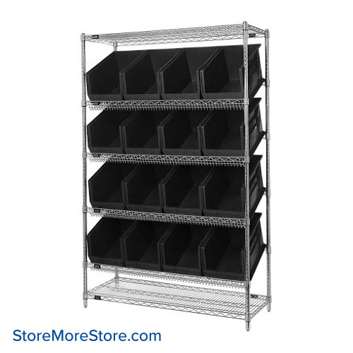 Angled Bin Storage, 48" W x 18" D x 74" H, 16 Bins at 11"W x 18"D x 10"H, Black, Without Casters