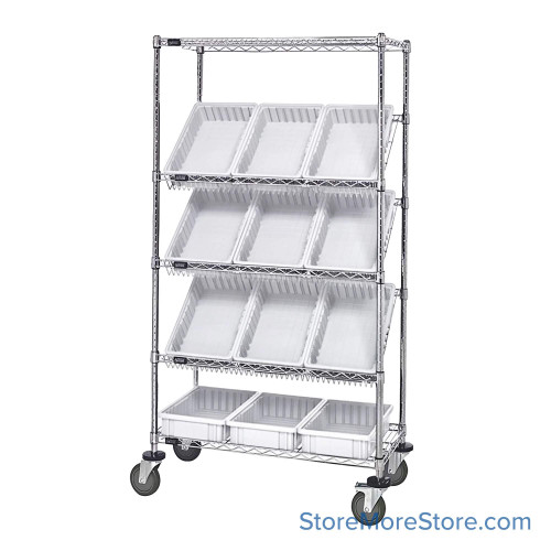 Angled Bin Storage, 36" W x 18" D x 63" H, 12 Bins at 10.875"W x 16.5"D x 4"H, Clear, Includes Casters
