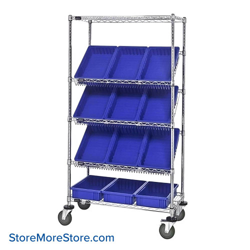 Angled Bin Storage, 36" W x 18" D x 63" H, 12 Bins at 10.875"W x 16.5"D x 4"H, Green, Without Casters