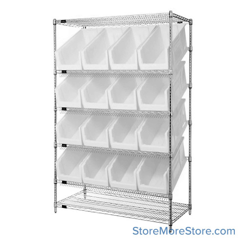 Angled Bin Storage, 48" W x 24" D x 74" H, 16 Bins at 11"W x 23.875"D x 10"H, Clear, Includes Casters