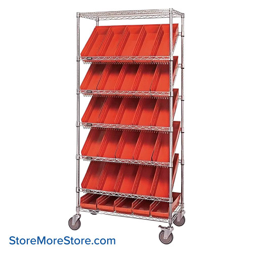 Angled Bin Storage, 36" W x 18" D x 74" H, 18 Bins at 11.125"W x 17.875"D x 4"H, Red, Includes Casters