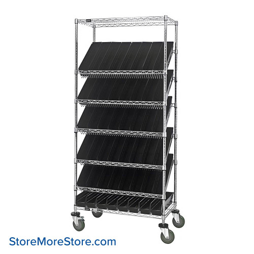 Angled Bin Storage, 36" W x 18" D x 74" H, 48 Bins at 4.125"W x 17.125"D x 4"H, Black, Includes Casters