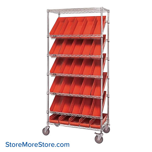 Angled Bin Storage, 36" W x 18" D x 74" H, 30 Bins at 6.625"W x 17.875"D x 4"H, Red, Includes Casters