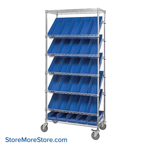 Angled Bin Storage, 36" W x 18" D x 74" H, 24 Bins at 8.375"W x 17.875"D x 7"H, Blue, Without Casters
