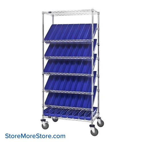 Angled Bin Storage, 36" W x 18" D x 74" H, 48 Bins at 4.125"W x 17.125"D x 4"H, Blue, Without Casters