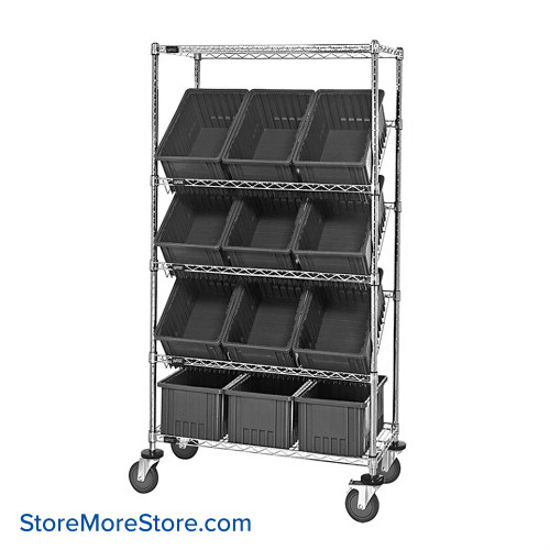 Angled Bin Storage, 36" W x 18" D x 63" H, 12 Bins at 10.875"W x 16.5"D x 8"H, Black, Includes Casters