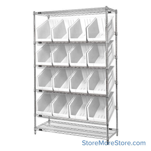 Angled Bin Storage, 48" W x 18" D x 74" H, 16 Bins at 11"W x 18"D x 10"H, Clear, Includes Casters