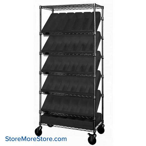 Angled Bin Storage, 36" W x 18" D x 74" H, 18 Bins at 8.375"W x 17.625"D x 5"H, Black, Includes Casters