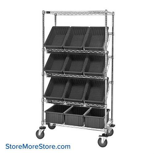 Angled Bin Storage, 36" W x 18" D x 63" H, 12 Bins at 10.875"W x 16.5"D x 6"H, Black, Without Casters