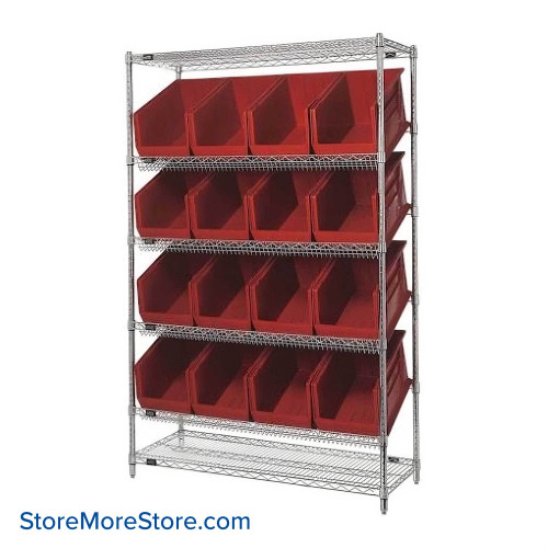Angled Bin Storage, 48" W x 18" D x 74" H, 16 Bins at 11"W x 18"D x 10"H, Red, Without Casters