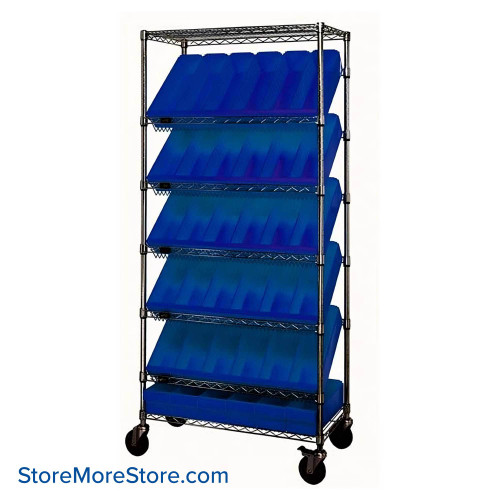 Angled Bin Storage, 36" W x 18" D x 74" H, 48 Bins at 3.75"W x 17.625"D x 5"H, Clear, Without Casters