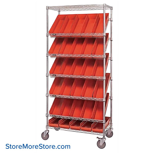 Angled Bin Storage, 36" W x 18" D x 74" H, 24 Bins at 8.375"W x 17.875"D x 7"H, Red, Includes Casters
