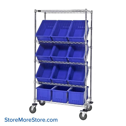 Angled Bin Storage, 36" W x 18" D x 63" H, 12 Bins at 10.875"W x 16.5"D x 8"H, Green, Includes Casters