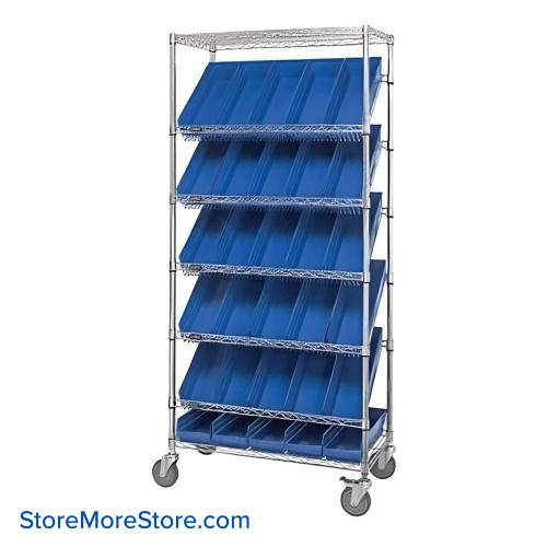 Angled Bin Storage, 36" W x 18" D x 74" H, 18 Bins at 11.125"W x 17.875"D x 4"H, Blue, Without Casters