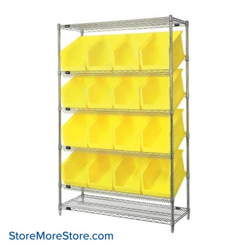 Angled Bin Storage, 48" W x 18" D x 74" H, 16 Bins at 11"W x 18"D x 10"H, Yellow, Includes Casters