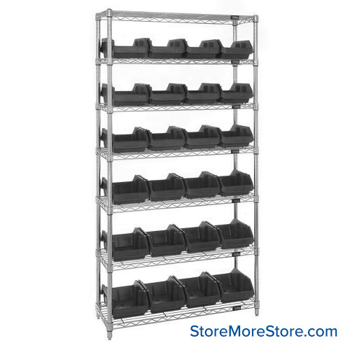 Double Sided Bin Rack, 24 Bins, 8.375"W x 18.5"D x 7"H Bin Dims, Black, Without Casters