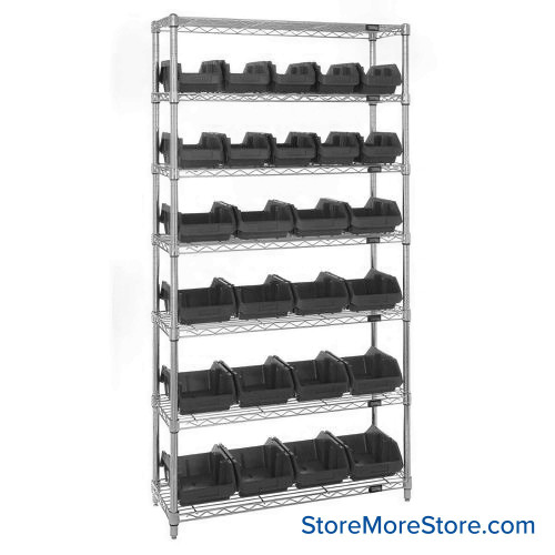 Double Sided Bin Rack, 26 Bins, 10 Bins at 6.625"W x 18.5"D x 7"H/16 Bins at 8.375"W x 18.5"D x 7"H Bin Dims, Black, Without Casters