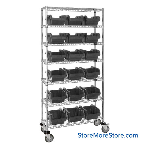 Double Sided Bin Rack, 18 Bins, 9.25"W x 14"D x 6.5"H Bin Dims, Black, Includes Casters