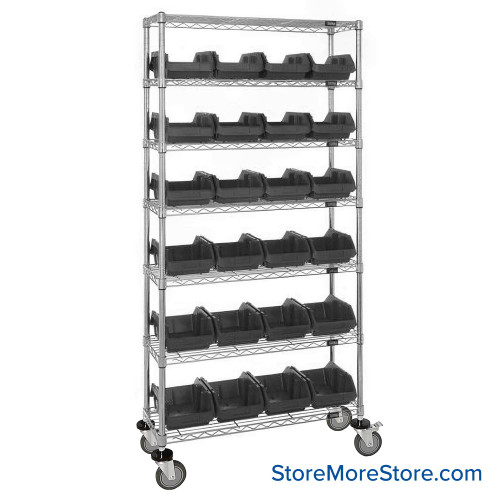 Double Sided Bin Rack, 24 Bins, 8.375"W x 18.5"D x 7"H Bin Dims, Black, Includes Casters