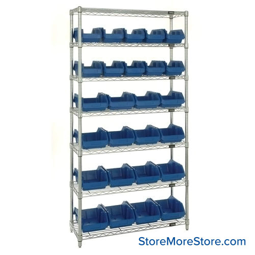Double Sided Bin Rack, 26 Bins, 10 Bins at 6.625"W x 18.5"D x 7"H/16 Bins at 8.375"W x 18.5"D x 7"H Bin Dims, Blue, Without Casters
