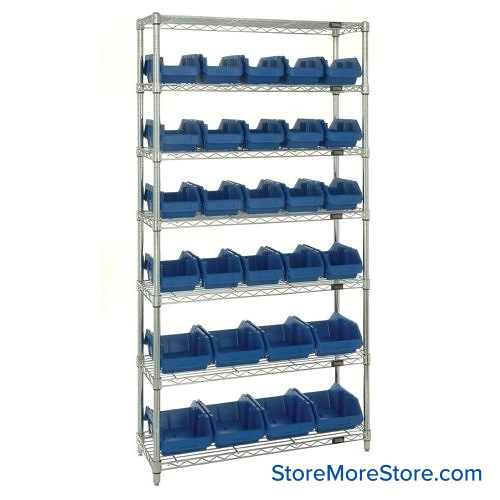 Double Sided Bin Rack, 28 Bins, 20 Bins at 6.625"W x 18.5"D x 7"H/8 Bins at 8.375"W x 18.5"D x 7"H Bin Dims, Blue, Without Casters