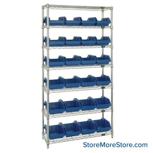 Double Sided Bin Rack, 24 Bins, 8.375"W x 18.5"D x 7"H Bin Dims, Blue, Without Casters