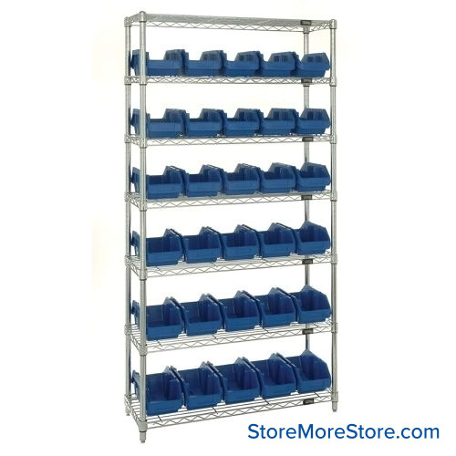 Double Sided Bin Rack, 30 Bins, 6.625"W x 18.5"D x 7"H Bin Dims, Blue, Without Casters