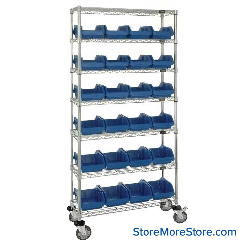 Double Sided Bin Rack, 24 Bins, 8.375"W x 18.5"D x 7"H Bin Dims, Blue, Includes Casters