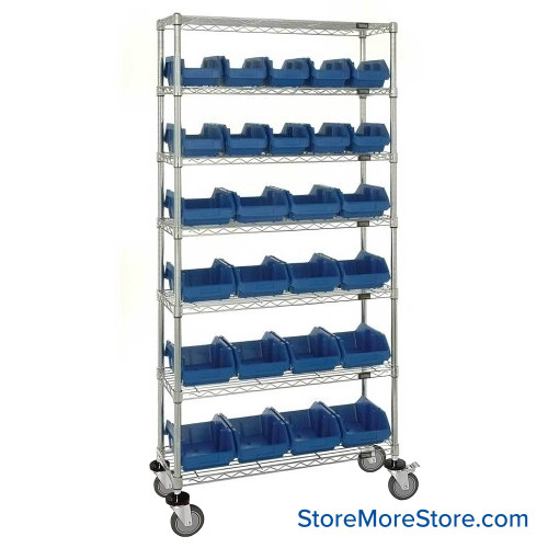 Double Sided Bin Rack, 26 Bins, 10 Bins at 6.625"W x 18.5"D x 7"H/16 Bins at 8.375"W x 18.5"D x 7"H Bin Dims, Blue, Includes Casters