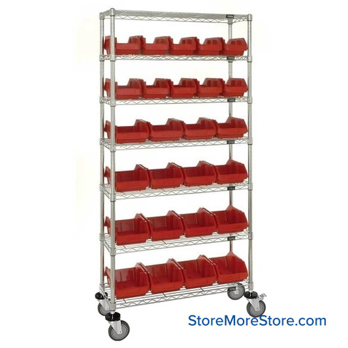 Double Sided Bin Rack, 26 Bins, 10 Bins at 6.625"W x 18.5"D x 7"H/16 Bins at 8.375"W x 18.5"D x 7"H Bin Dims, Red, Includes Casters