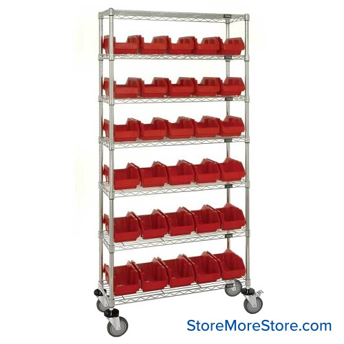Double Sided Bin Rack, 30 Bins, 6.625"W x 18.5"D x 7"H Bin Dims, Red, Includes Casters