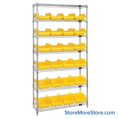 Double Sided Bin Rack, 24 Bins, 8.375"W x 18.5"D x 7"H Bin Dims, Yellow, Without Casters