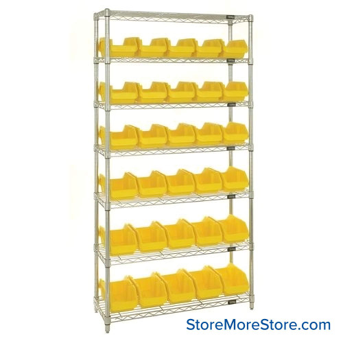 Double Sided Bin Rack, 30 Bins, 6.625"W x 18.5"D x 7"H Bin Dims, Yellow, Without Casters