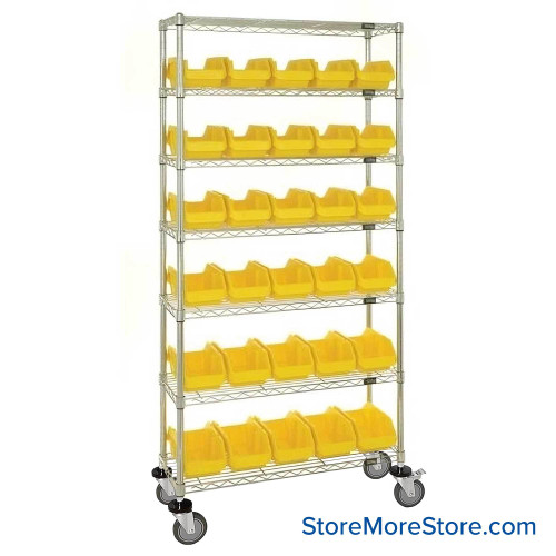 Double Sided Bin Rack, 30 Bins, 6.625"W x 18.5"D x 7"H Bin Dims, Yellow, Includes Casters