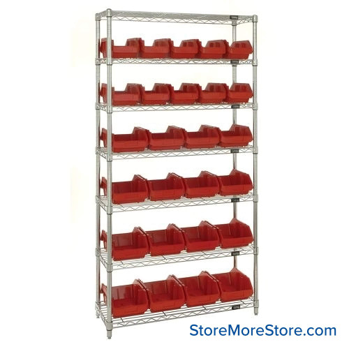 Double Sided Bin Rack, 26 Bins, 10 Bins at 6.625"W x 12.5"D x 5"H/16 Bins at 8.375"W x 12.5"D x 5"H Bin Dims, Red, Without Casters