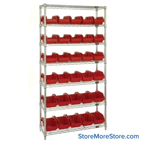 Double Sided Bin Rack, 30 Bins, 6.625"W x 12.5"D x 5"H Bin Dims, Red, Without Casters