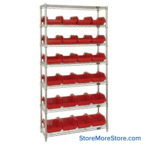 Double Sided Bin Rack, 24 Bins, 8.375"W x 12.5"D x 5"H Bin Dims, Red, Without Casters