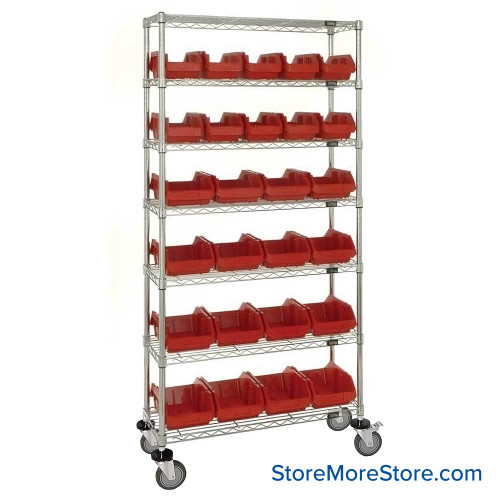 Double Sided Bin Rack, 26 Bins, 10 Bins at 6.625"W x 12.5"D x 5"H/16 Bins at 8.375"W x 12.5"D x 5"H Bin Dims, Red, Includes Casters