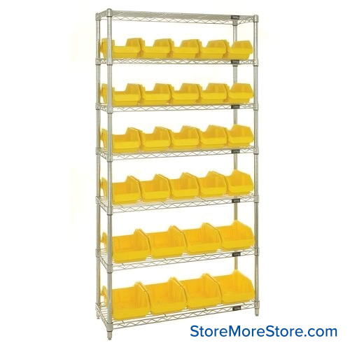 Double Sided Bin Rack, 28 Bins, 20 Bins at 6.625"W x 12.5"D x 5"H/8 Bins at 8.375"W x 12.5"D x 5"H Bin Dims, Yellow, Without Casters