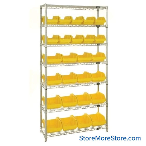 Double Sided Bin Rack, 26 Bins, 10 Bins at 6.625"W x 12.5"D x 5"H/16 Bins at 8.375"W x 12.5"D x 5"H Bin Dims, Yellow, Without Casters