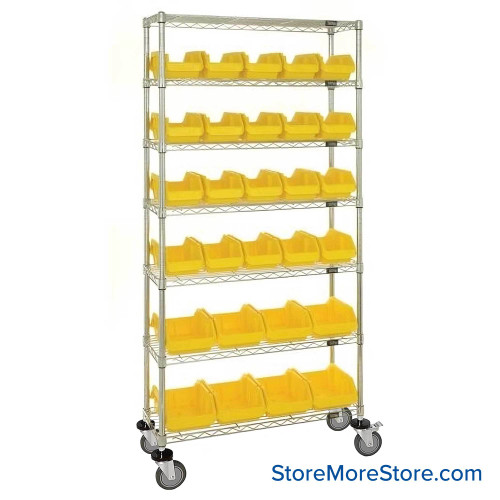 Double Sided Bin Rack, 28 Bins, 20 Bins at 6.625"W x 12.5"D x 5"H/8 Bins at 8.375"W x 12.5"D x 5"H Bin Dims, Yellow, Includes Casters