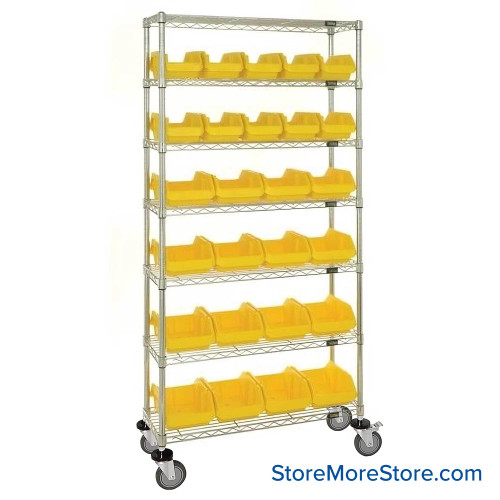 Double Sided Bin Rack, 26 Bins, 10 Bins at 6.625"W x 12.5"D x 5"H/16 Bins at 8.375"W x 12.5"D x 5"H Bin Dims, Yellow, Includes Casters