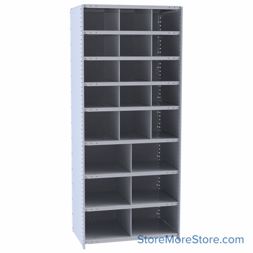 Bin Storage Rack, 36" W x 18" D x 87" H, No Bin Fronts, (21) 12@ 12" x 9", 3@ 12" x 12", 6@ 18" x 12" Openings, Doors w/Key Lock