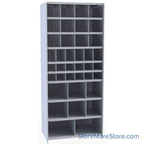 Bin Storage Rack, 36" W x 12" D x 87" H, No Bin Fronts, (38) 12@ 9" x 9", 6@ 6" x 9", 12@ 6" x 6", 6@ 12" x 12", 2@ 18" x 12" Openings, No Doors