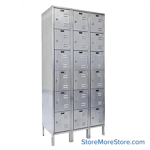 Stainless Steel Locker, 54" W x 18" D x 78" H, 3 Columns, 6 Tiers, Padlock Hasp, Unassembled