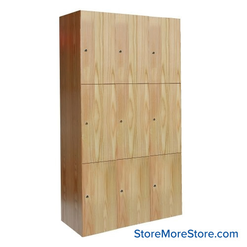 Wood Locker, 36" W x 18" D x 72" H, 3 Columns, 3 Tiers, No Base, No Molding