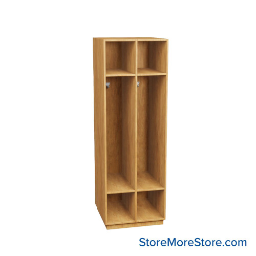 Wooden Storage Locker, 24" W x 24" D x 72.25" H, 12" Locker Width, 2 Lockers, 1 Upper Shelf, 1 Lower Shelf